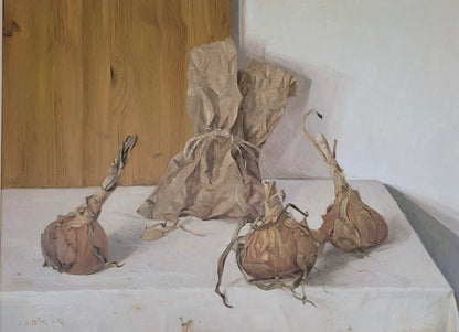 Onions and a Brown Paper Bag by Arthur Easton (b. 1939)