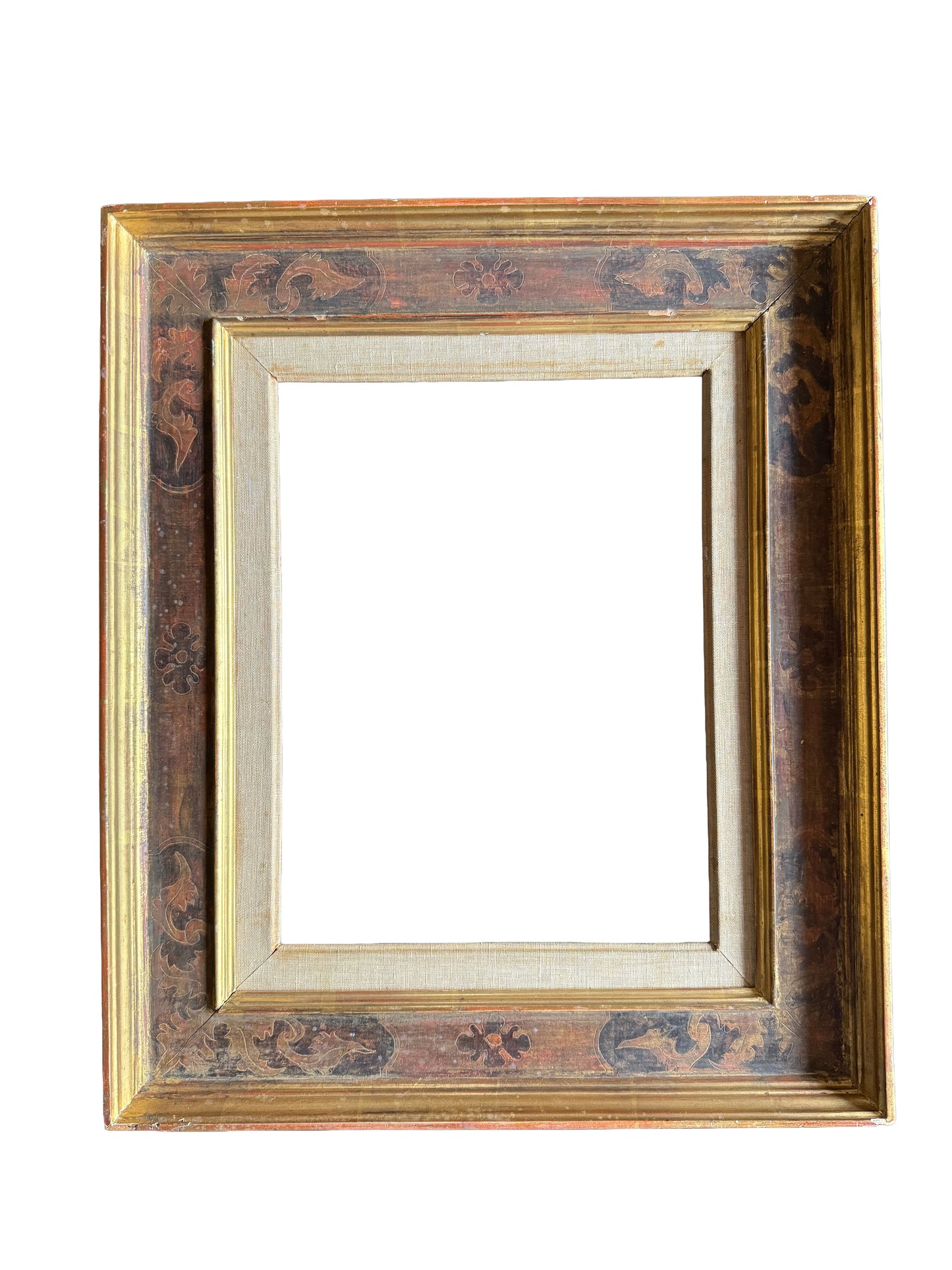 A painted Casetta frame with gilt inner and outer edges and a linen slip